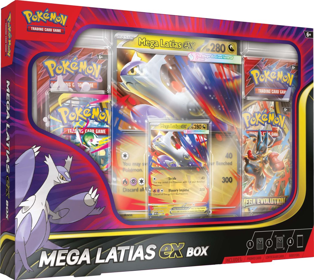 Pokémon Mega Latias EX trading card game box with cards and packaging design.